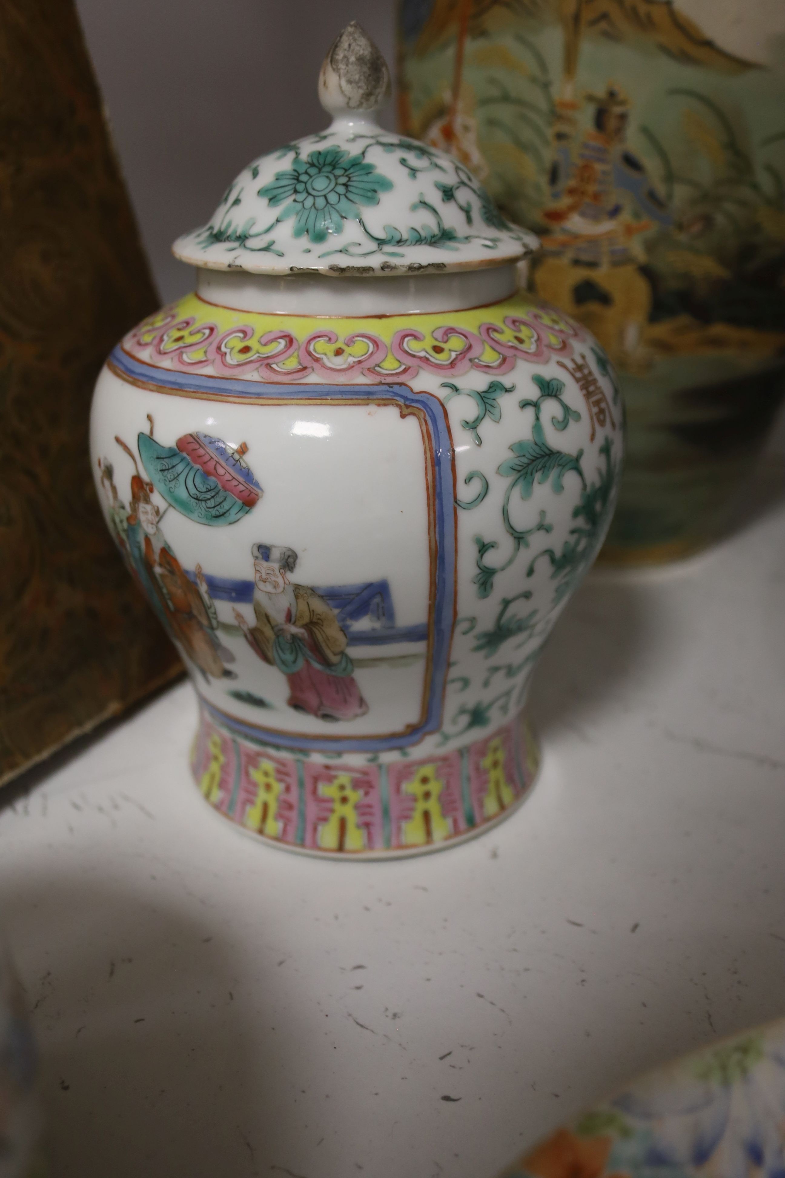 Two Chinese ‘millefleur’ dishes, a turquoise ground ‘Dragon’ dish Guangxu mark and period, a late 19th century famille rose jar etc.